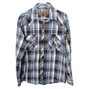 *Coevals Club Large Pearl Snap Shirt Long Sleeve Blue Brown Plaid Western Cowboy